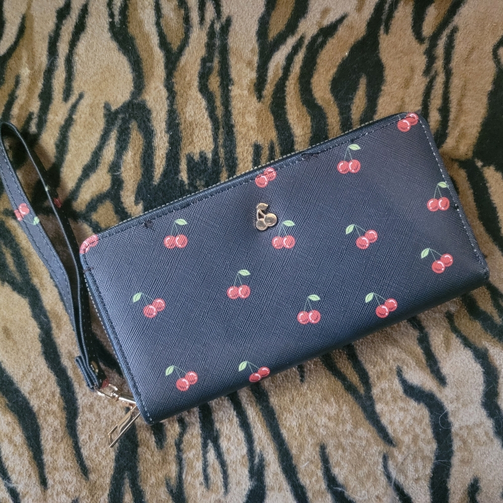 Cherry Print Black Wristlet Wallet